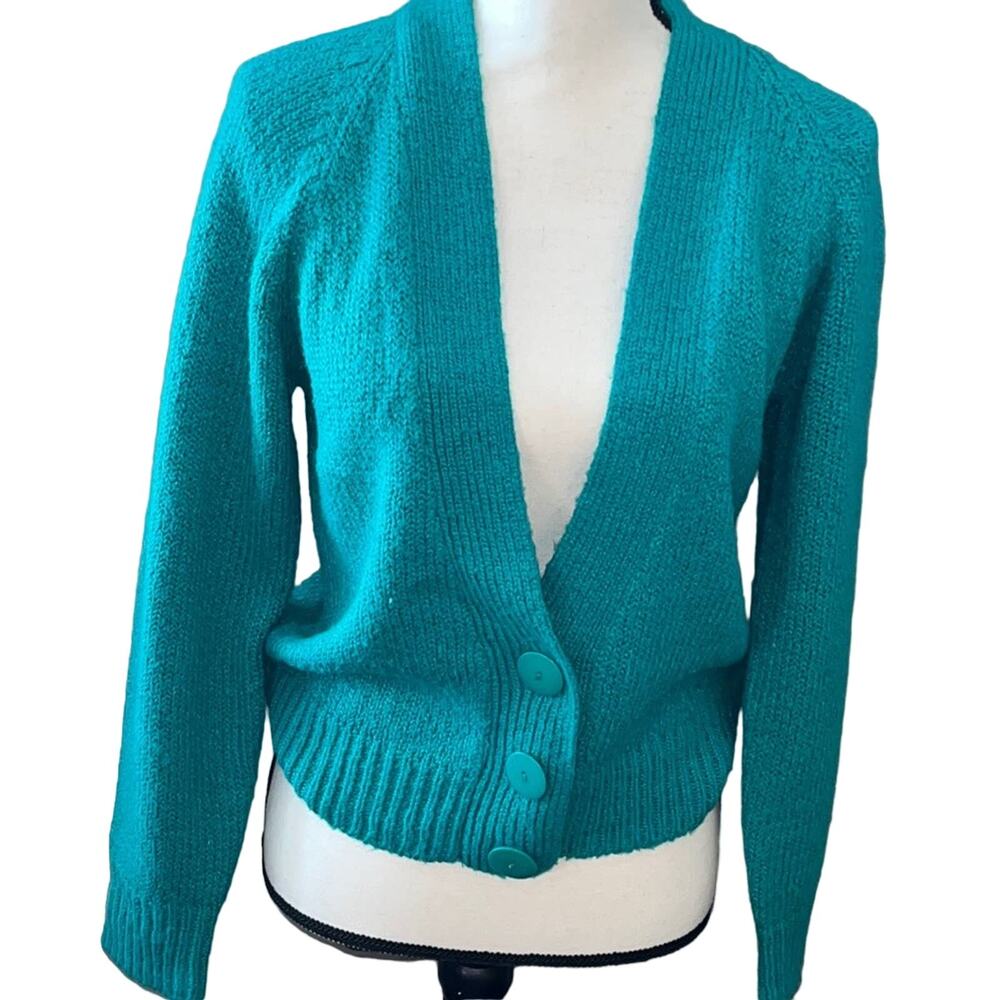 90's Vintage Teal Deep V Neck Knit Cardigan-Small